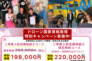 ドローンスクールコモンズ立川立飛のテレビ放送決定記念キャンペーン。立川市で二等無人航空機操縦士の国家資格を198,000円で取得可能。無料操縦体験会開催中。多摩地区最安値